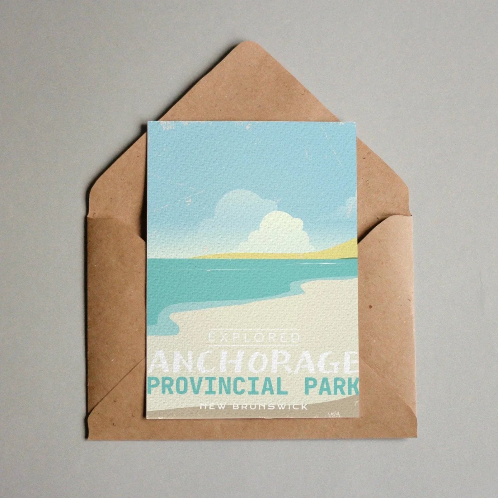 Anchorage Provincial Park postcard with beach scene in New Brunswick, brown envelope