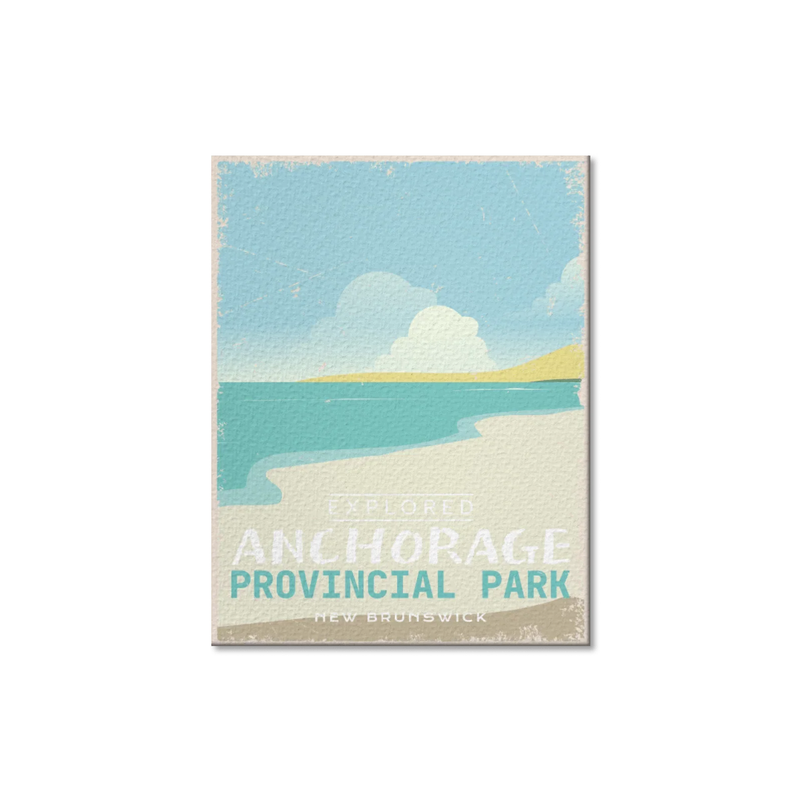 Anchorage Provincial Park New Brunswick vintage postcard with beach, ocean, and sky illustration