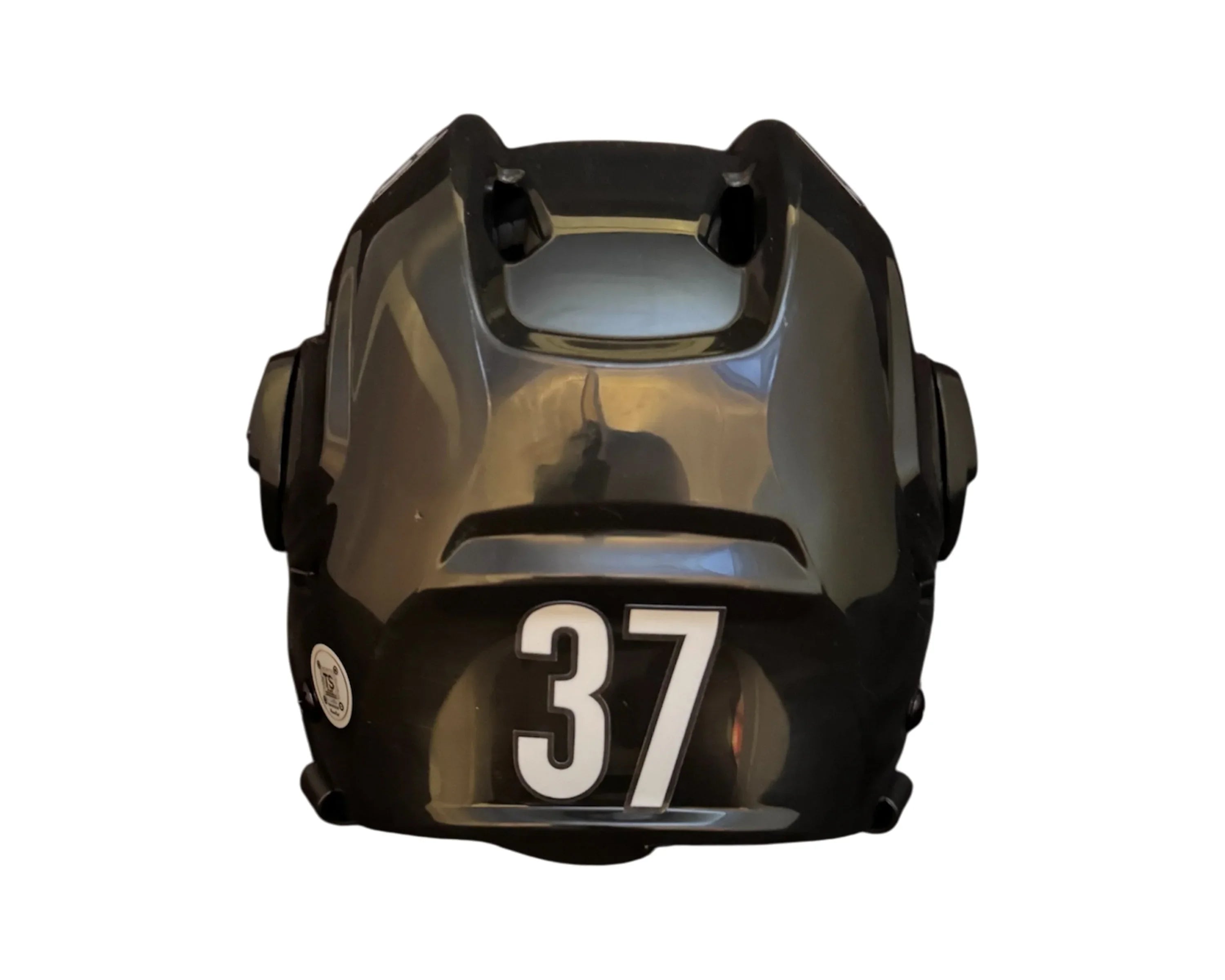 Black hockey helmet with white number 37, front view on white background