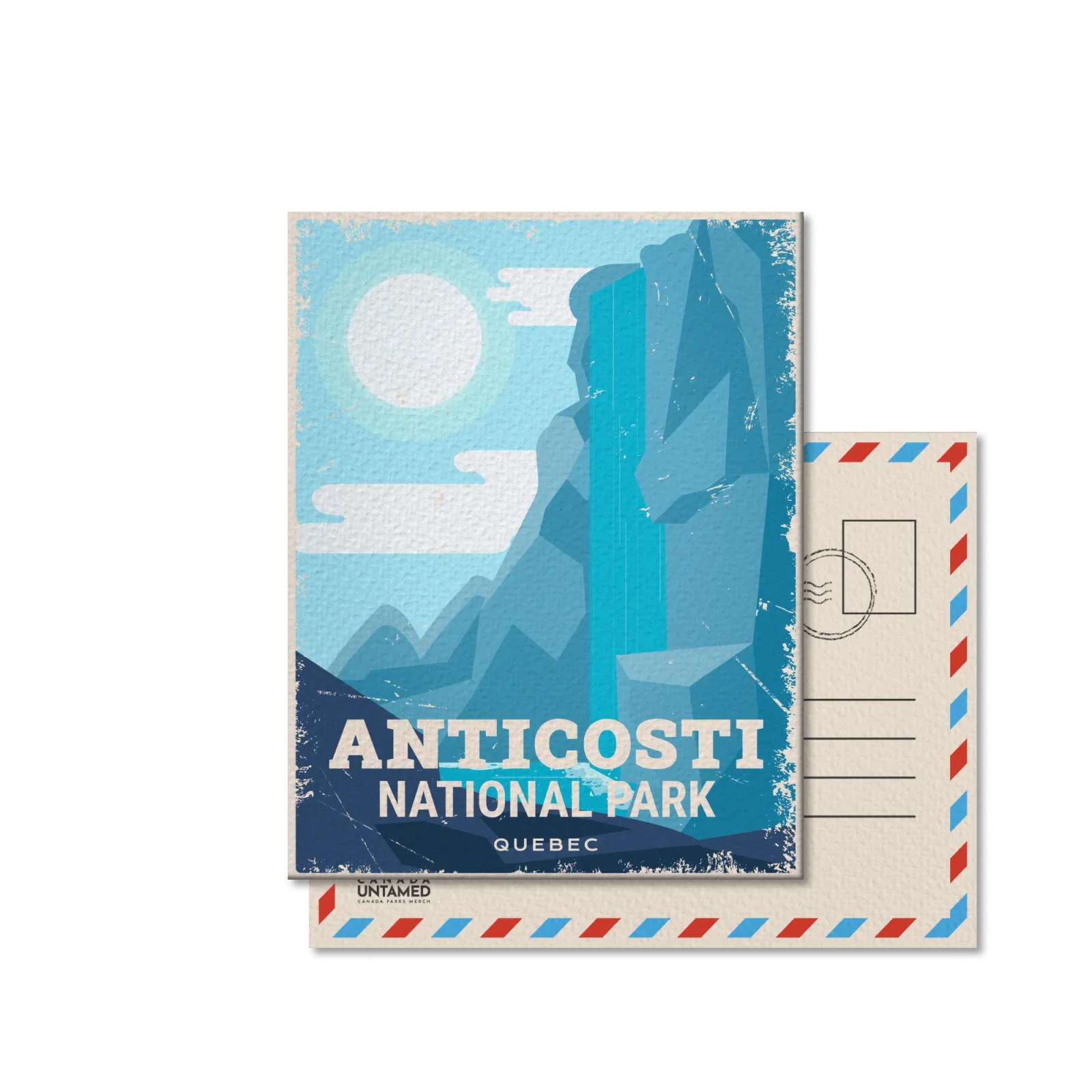 Anticosti National Park Quebec vintage postcard with cliffs, waterfall, and sun illustration