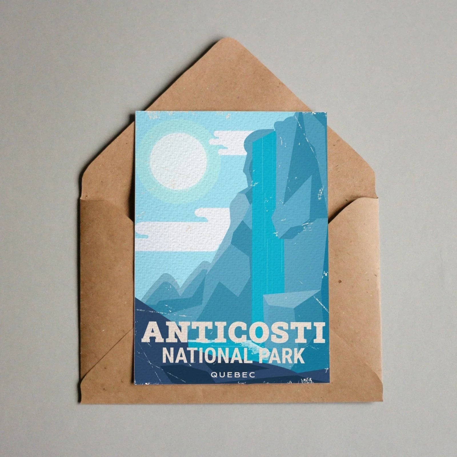 Anticosti National Park Quebec postcard with blue mountain illustration in brown envelope
