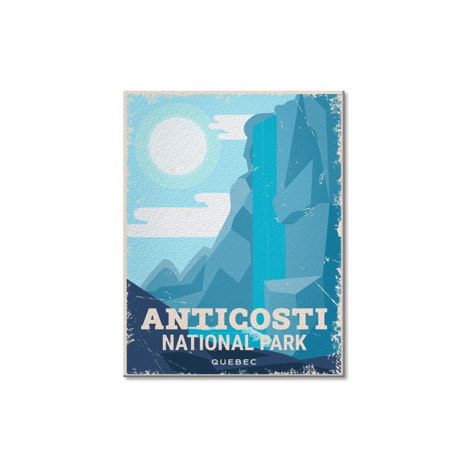 Anticosti National Park Quebec postcard with blue cliffs, waterfall, and sun illustration
