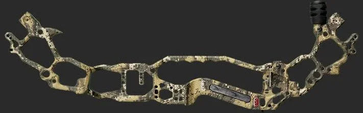 Camo compound bow riser with cutout design on a dark background