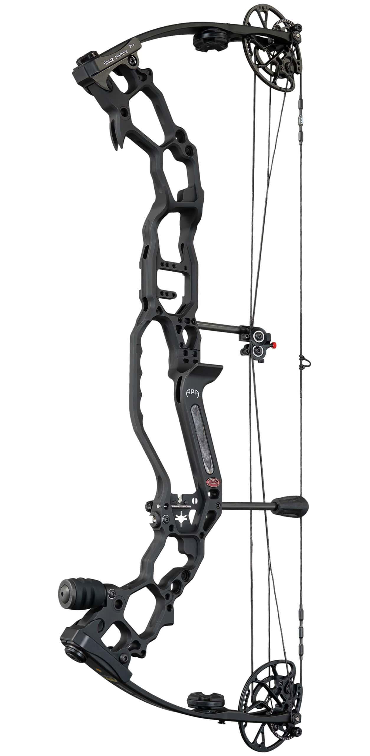 Black Mamba Pro black compound bow with detailed cutout riser and accessories