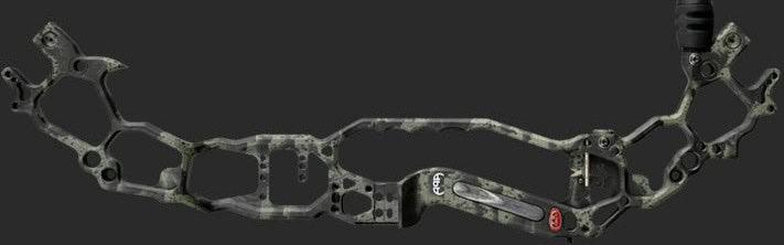 Mathews Covert Black compound bow riser with camo pattern on black background