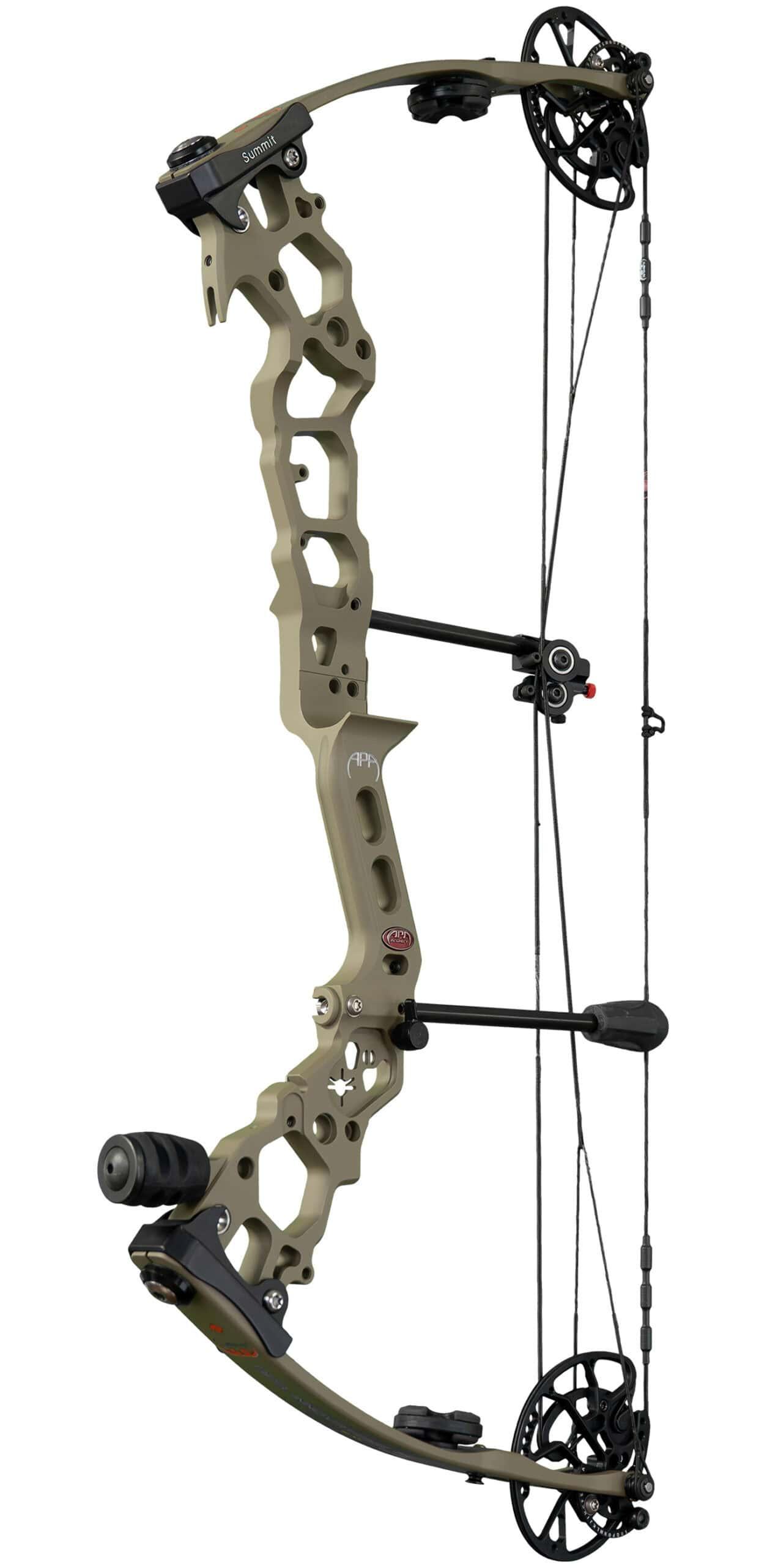 Matte tan Summit compound bow with black cams and stabilizers, modern archery equipment