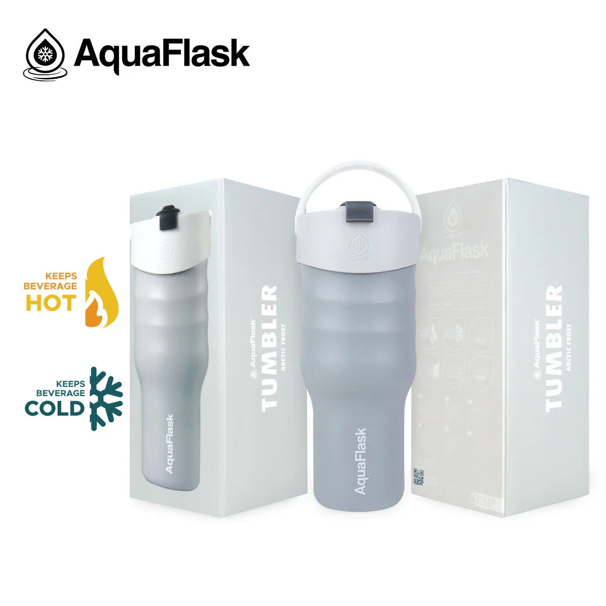AquaFlask Arctic Frost 30oz tumbler with white lid, beside branded packaging.