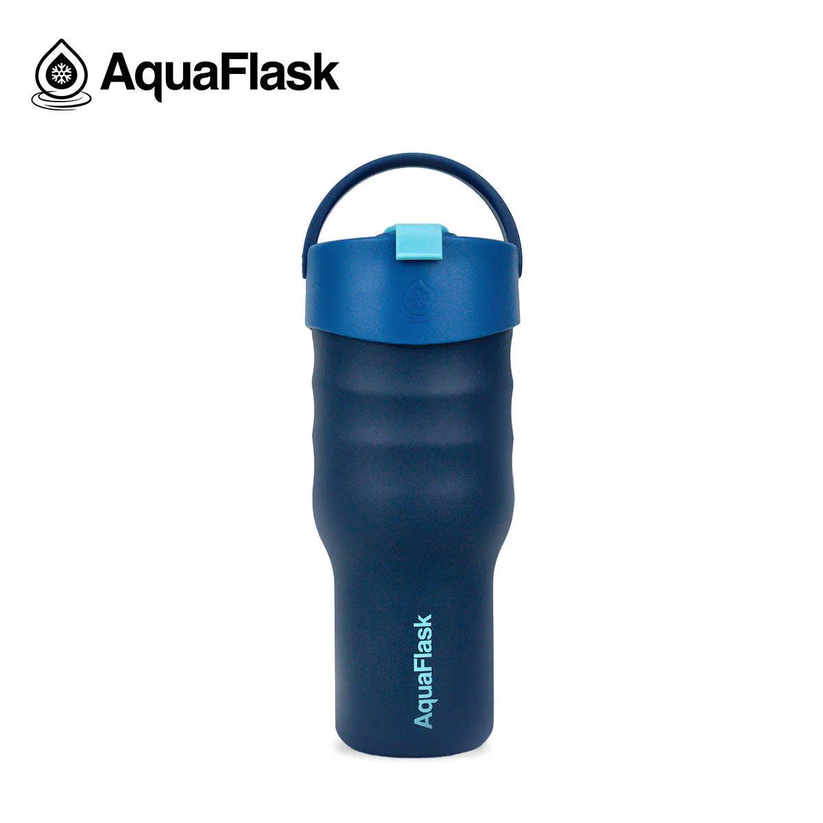 AquaFlask Atlantic Wave blue tumbler with handle and AquaFlask logo on white background
