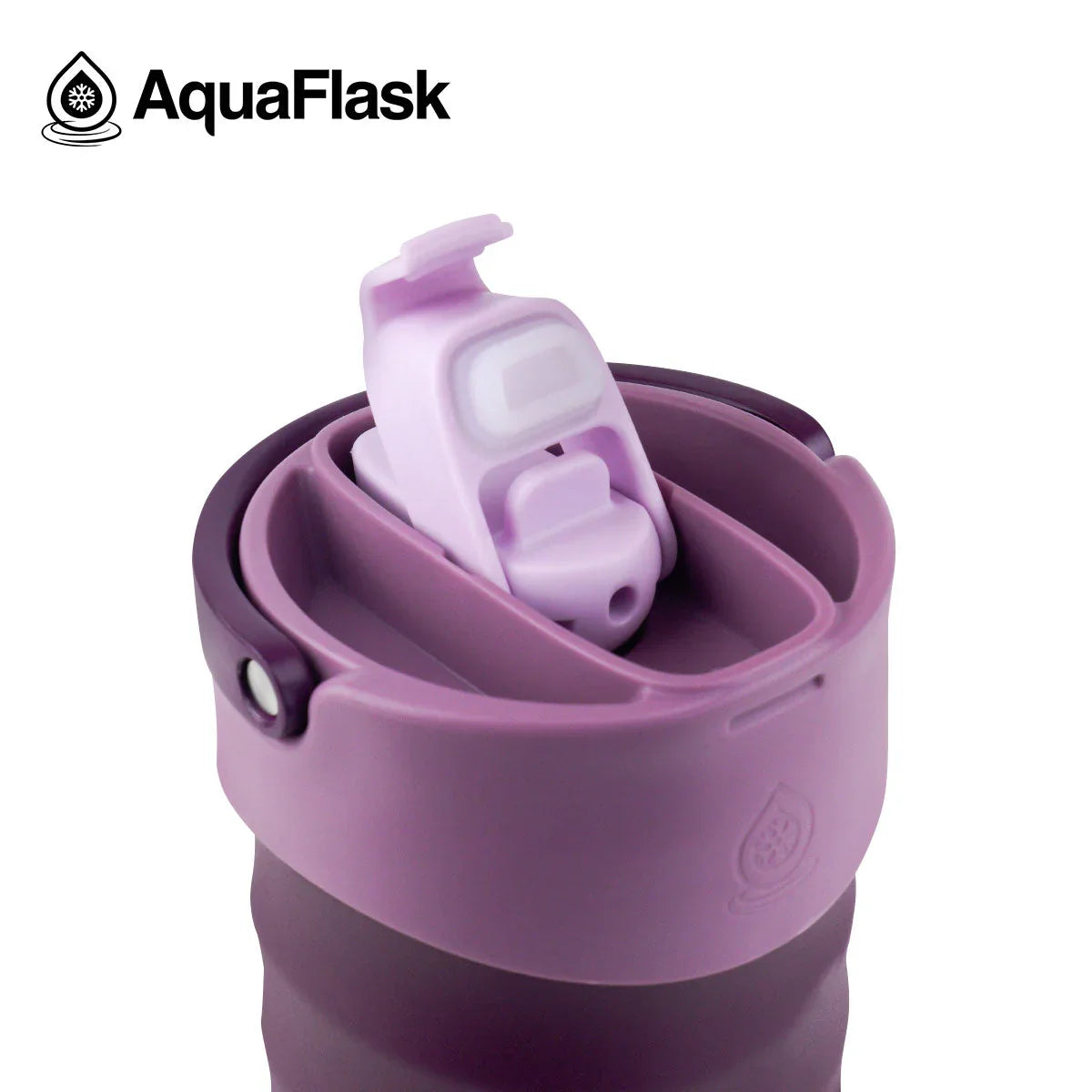 AquaFlask water bottle with purple flip-top lid and secure spout, close-up view