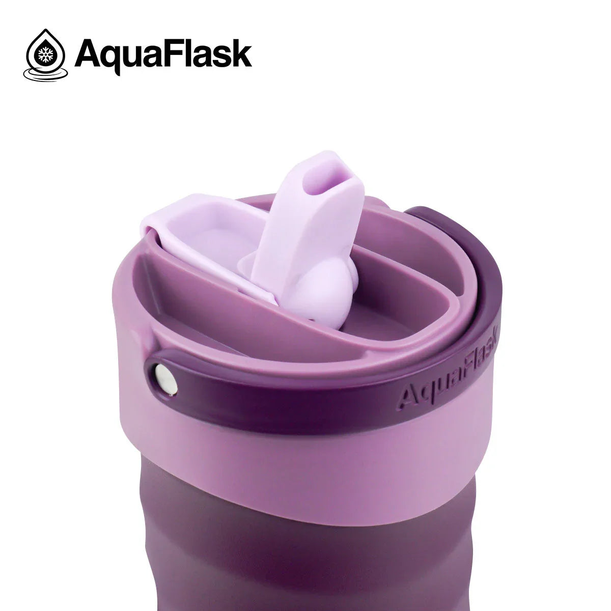 AquaFlask grape soda purple water bottle close-up with flip straw lid