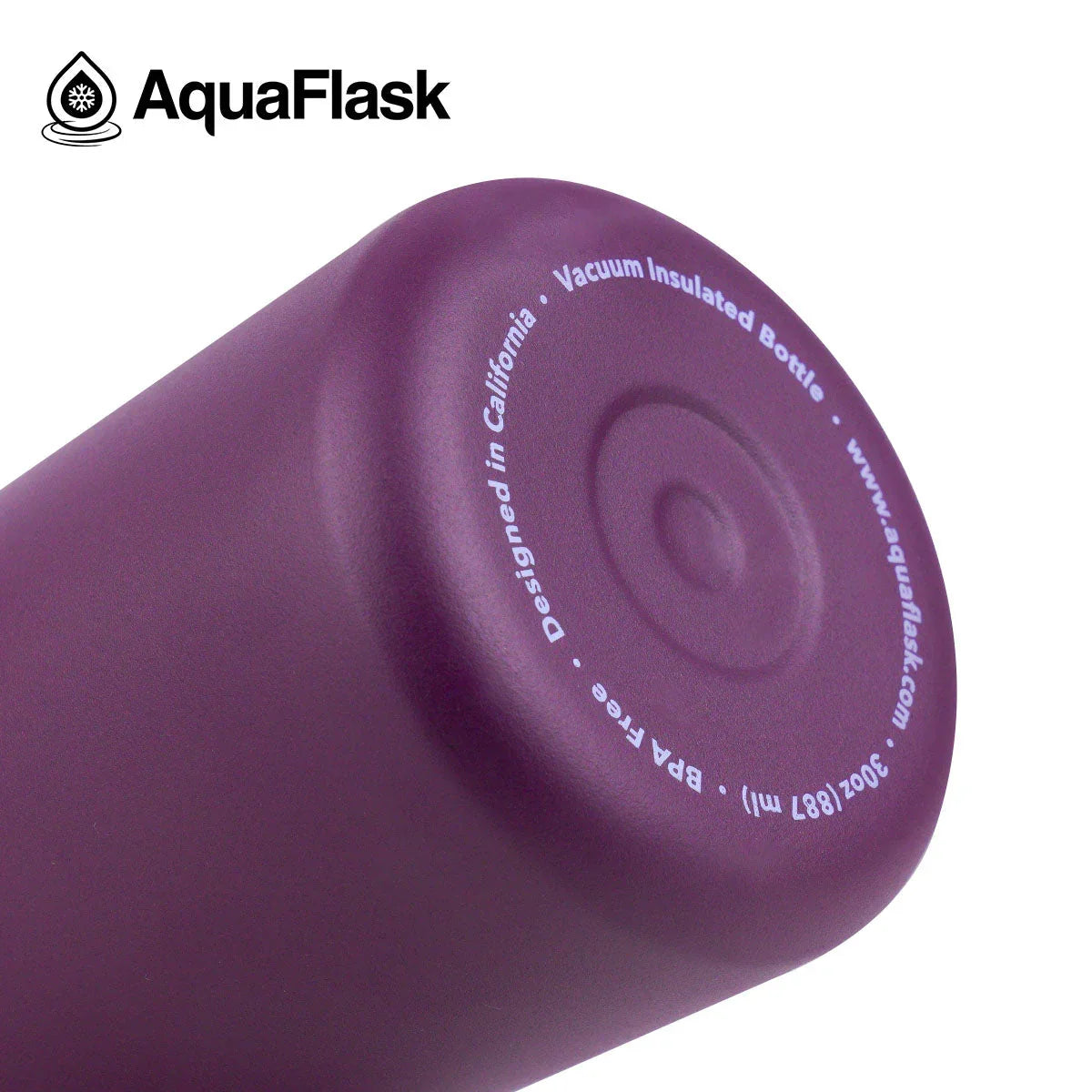 Purple AquaFlask vacuum insulated bottle with logo and product details visible