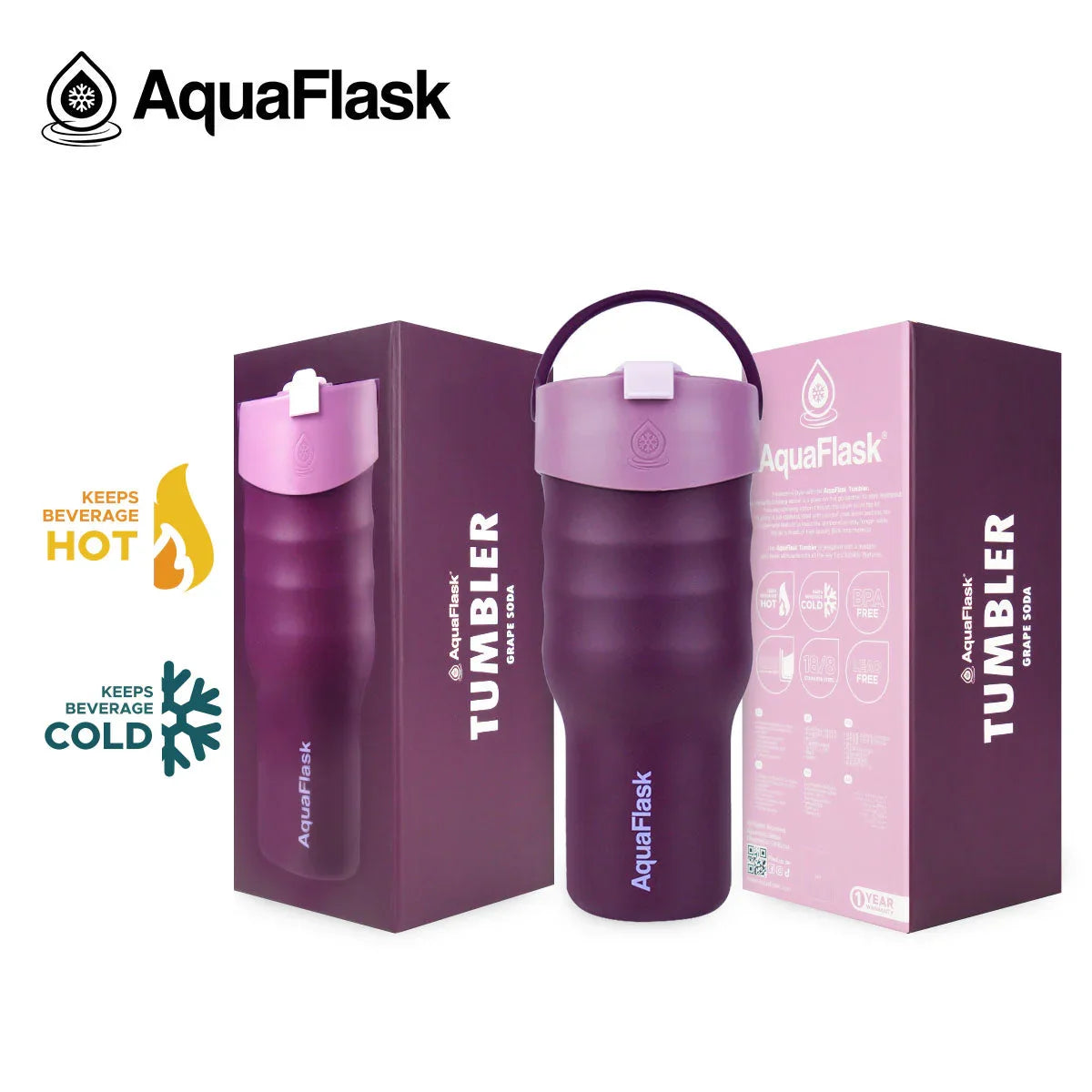 Purple AquaFlask 30oz Grape Soda tumbler with box packaging, keeps drinks hot or cold.