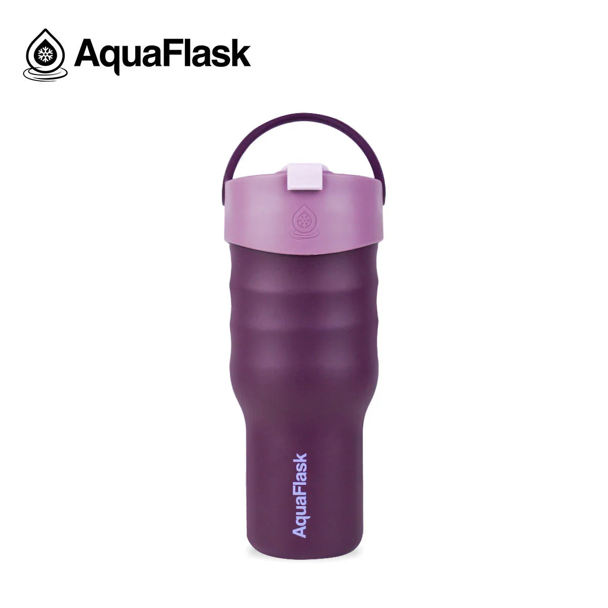 AquaFlask grape soda insulated tumbler with purple lid and handle on white background