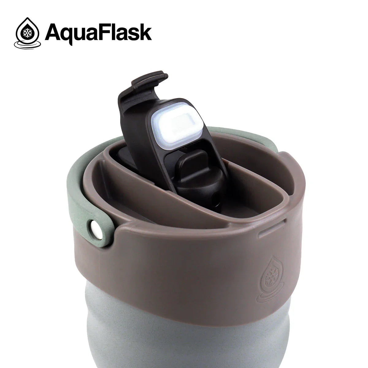 AquaFlask insulated tumbler with brown lid and flip-top spout closeup
