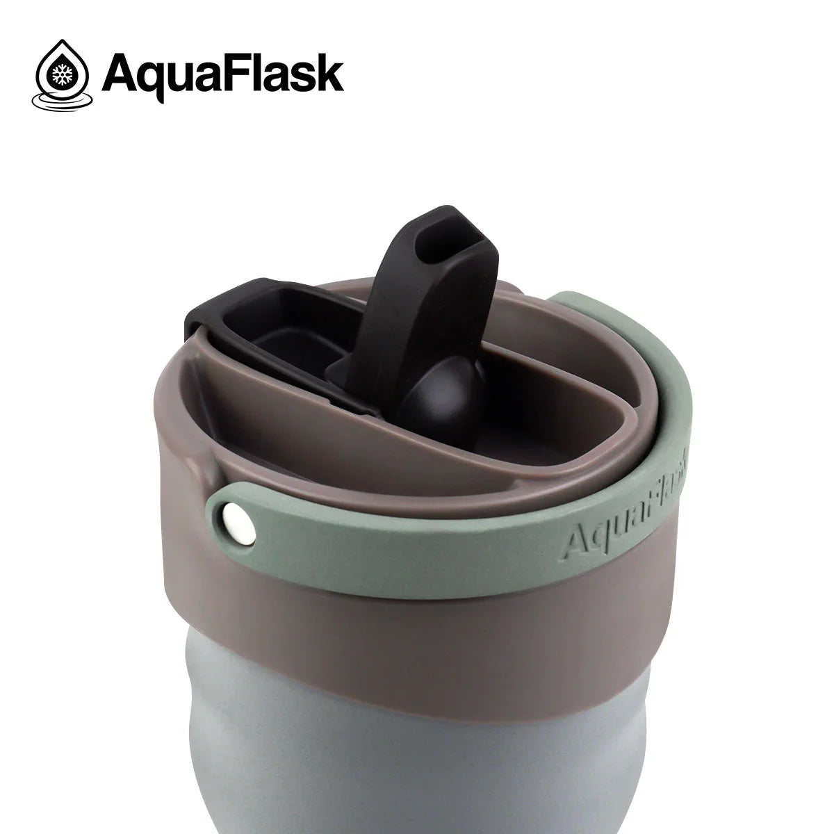 AquaFlask insulated tumbler with straw lid in macchiato color, close-up on white background