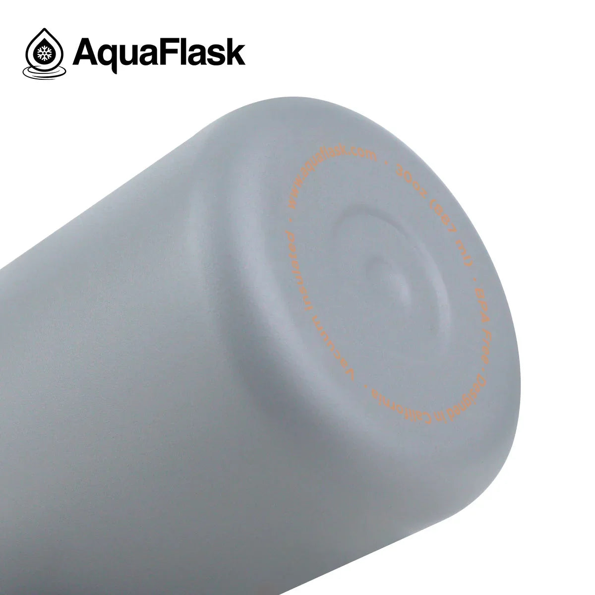 AquaFlask gray stainless steel bottle base showing logo and vacuum insulation details