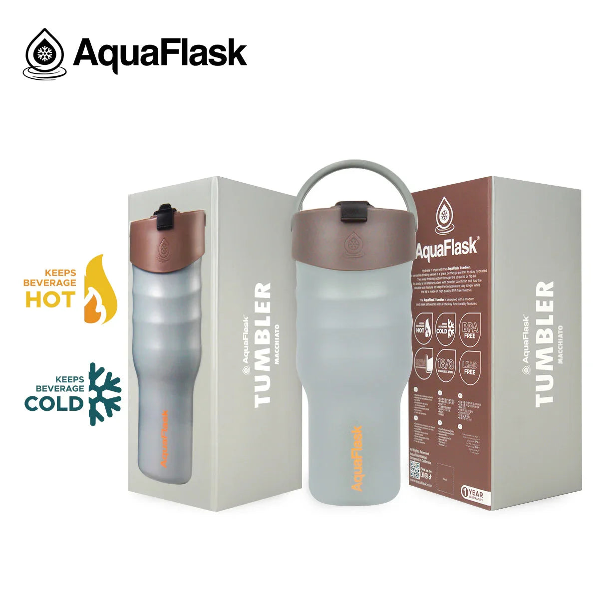 AquaFlask Macchiato 30oz tumbler with brown lid, packaging boxes, and hot cold icons