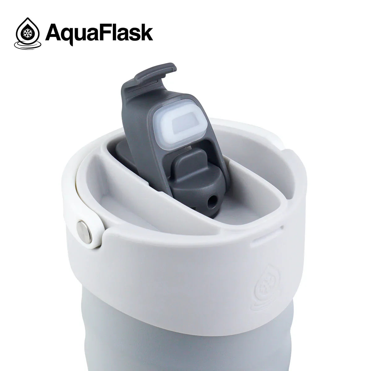 AquaFlask Arctic Frost water bottle with grey flip-top lid and white rim