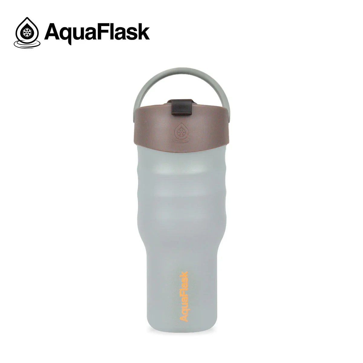 AquaFlask frosted tumbler with brown lid and handle on white background