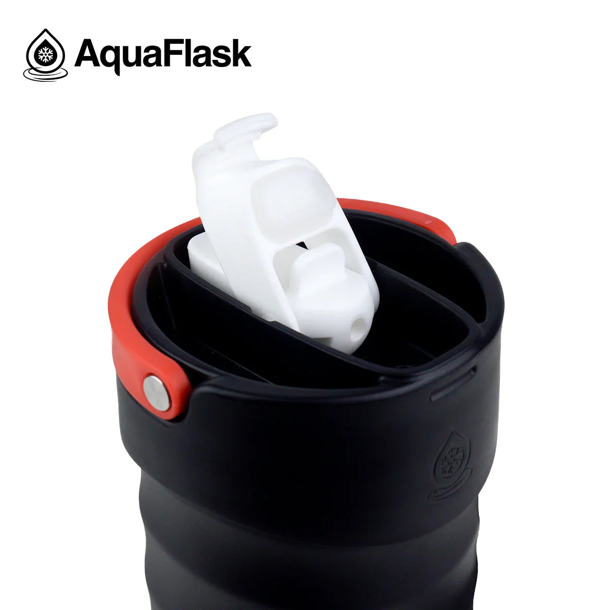 AquaFlask black tumbler with red handle and white flip lid close-up