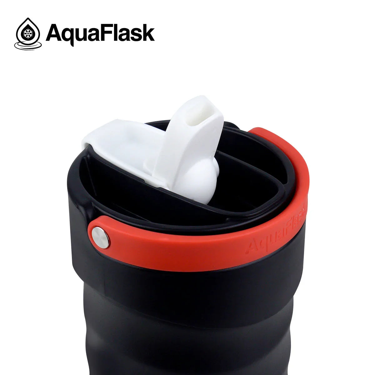 AquaFlask black water bottle with red rim and white spout, close-up view