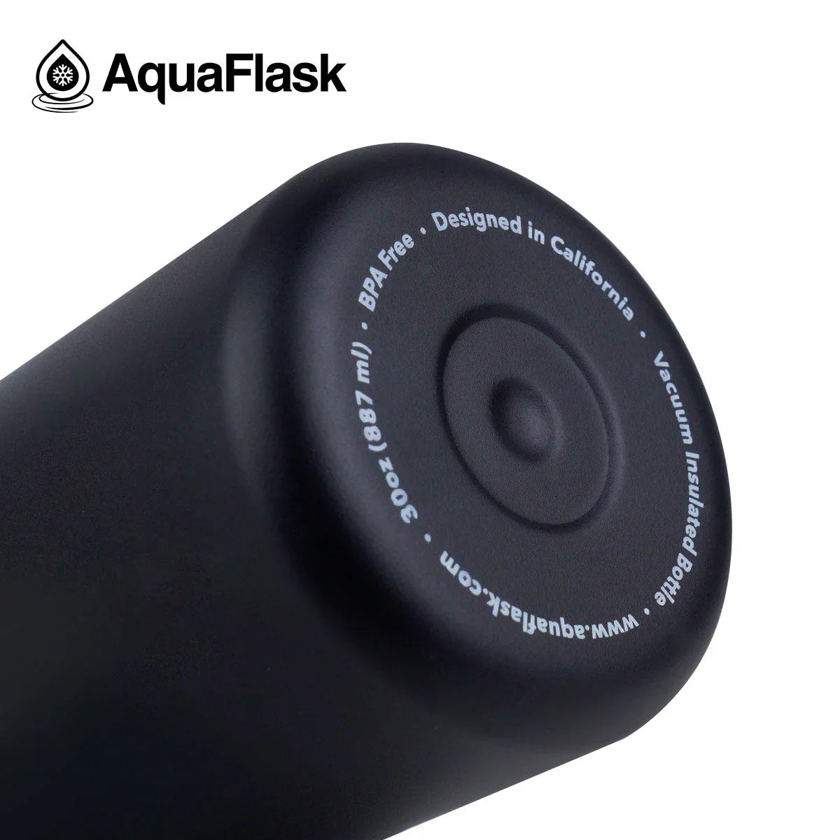 AquaFlask black vacuum insulated bottle 30oz base with BPA free and California design text.
