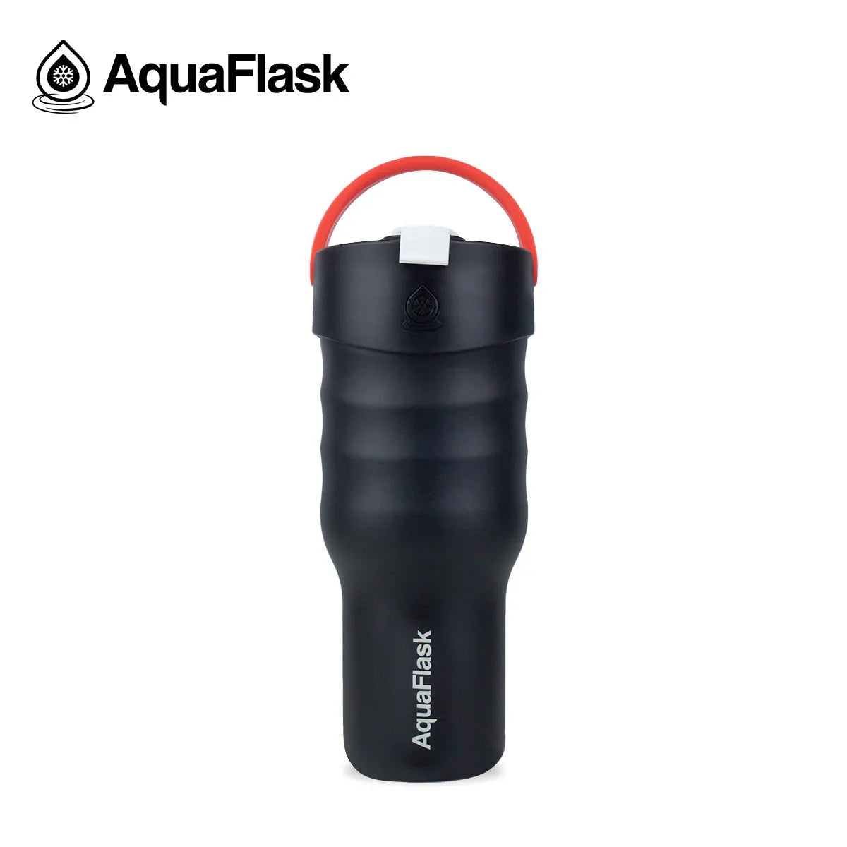 AquaFlask black insulated bottle with red handle on white background
