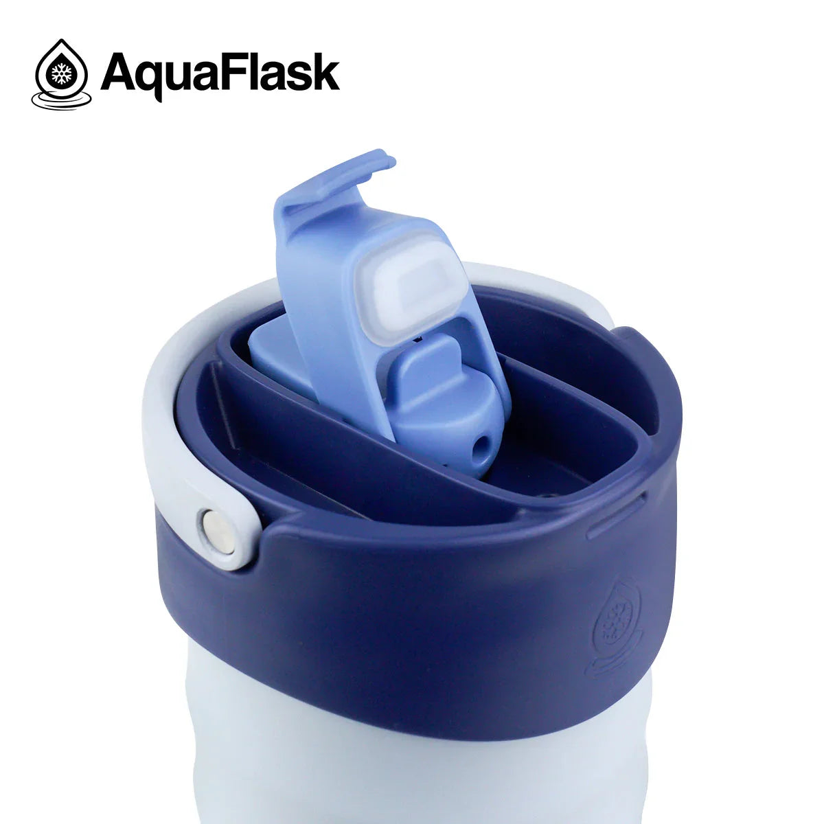 AquaFlask water bottle with blue flip-top lid and logo on white background