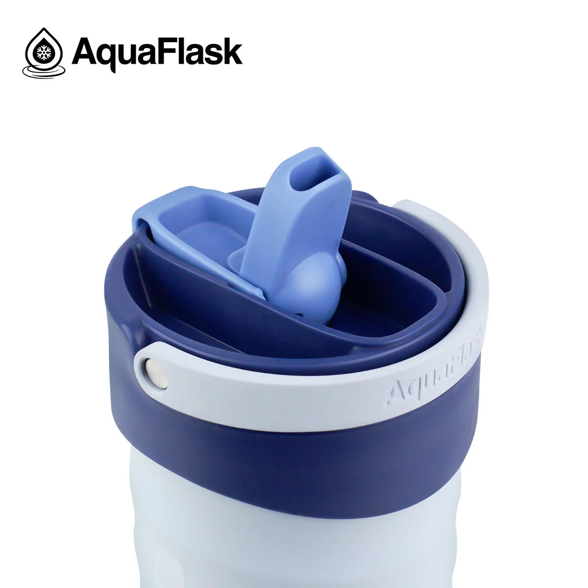 AquaFlask insulated water bottle with blue flip-top lid and white trim, closeup view