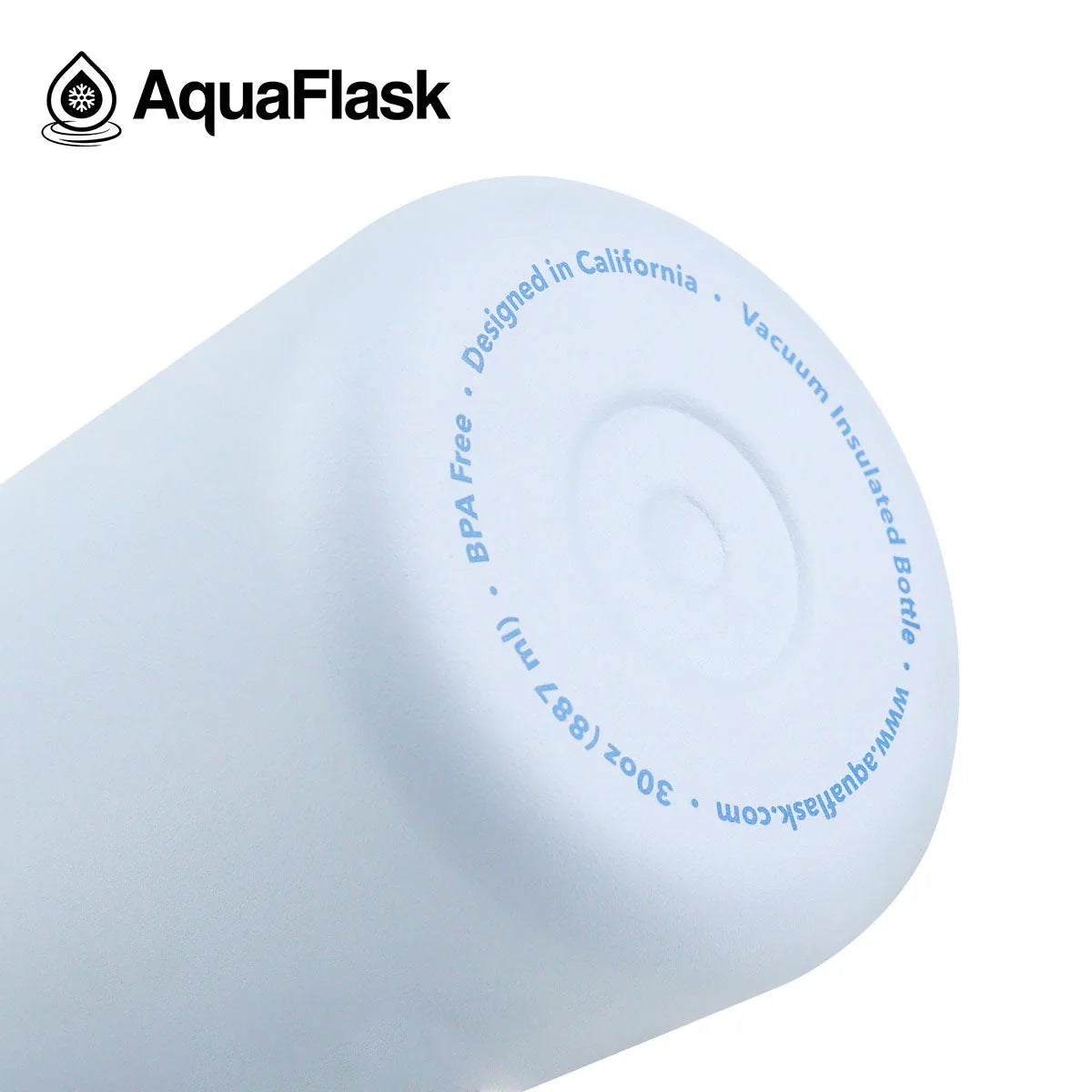 AquaFlask white vacuum insulated bottle with blue text, BPA free, designed in California