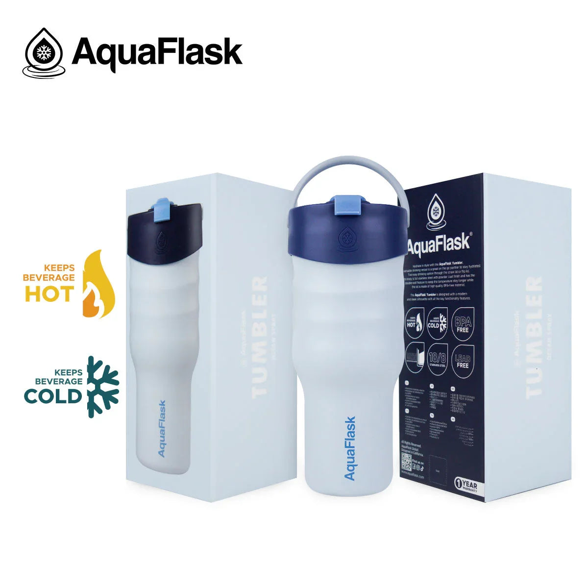 AquaFlask 30oz white tumbler with blue lid, packaging, and hot or cold beverage icons.