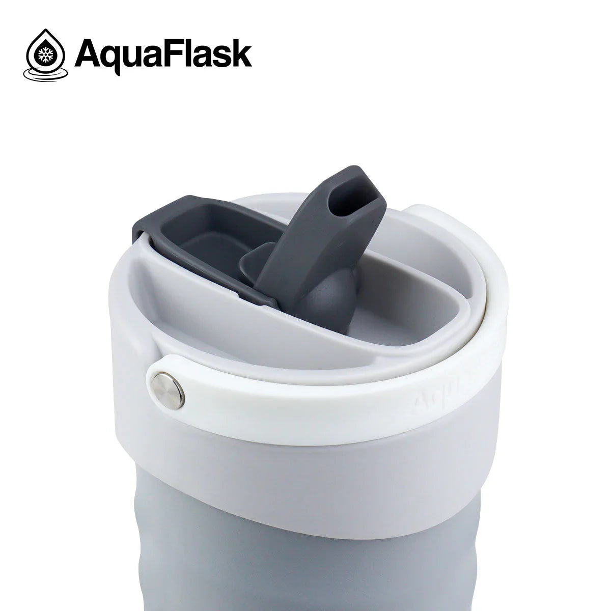 AquaFlask Arctic Frost gray water bottle with flip-top lid and white accent