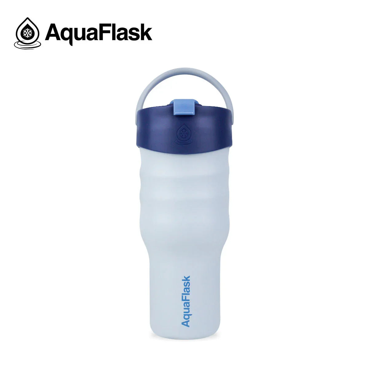 AquaFlask white reusable water bottle with blue lid and handle on white background