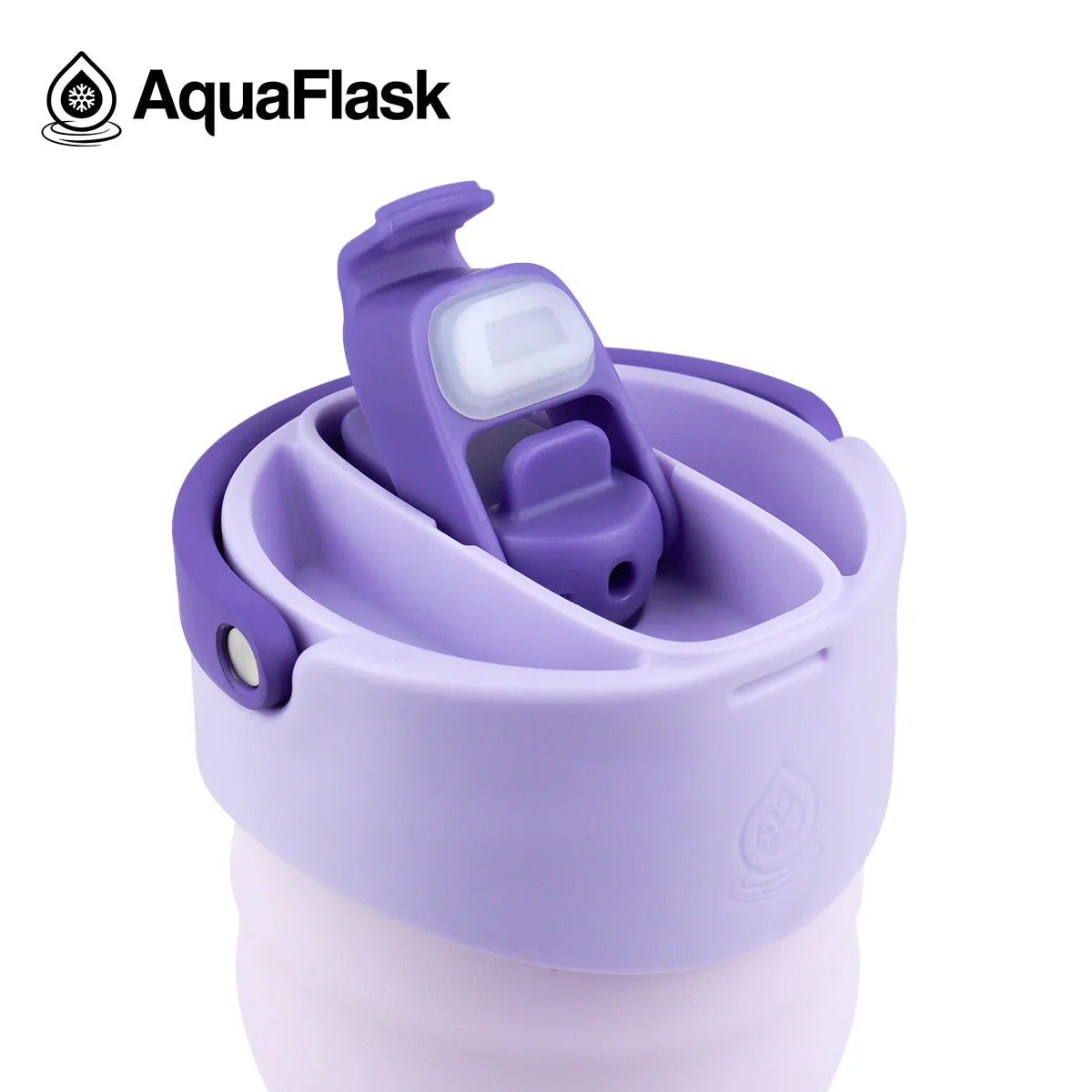AquaFlask collapsible lavender water bottle with flip-top lid, white background