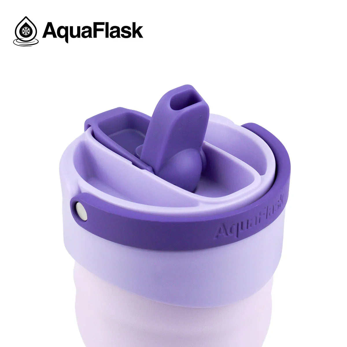 AquaFlask purple water bottle lid with flip straw, close-up on white background