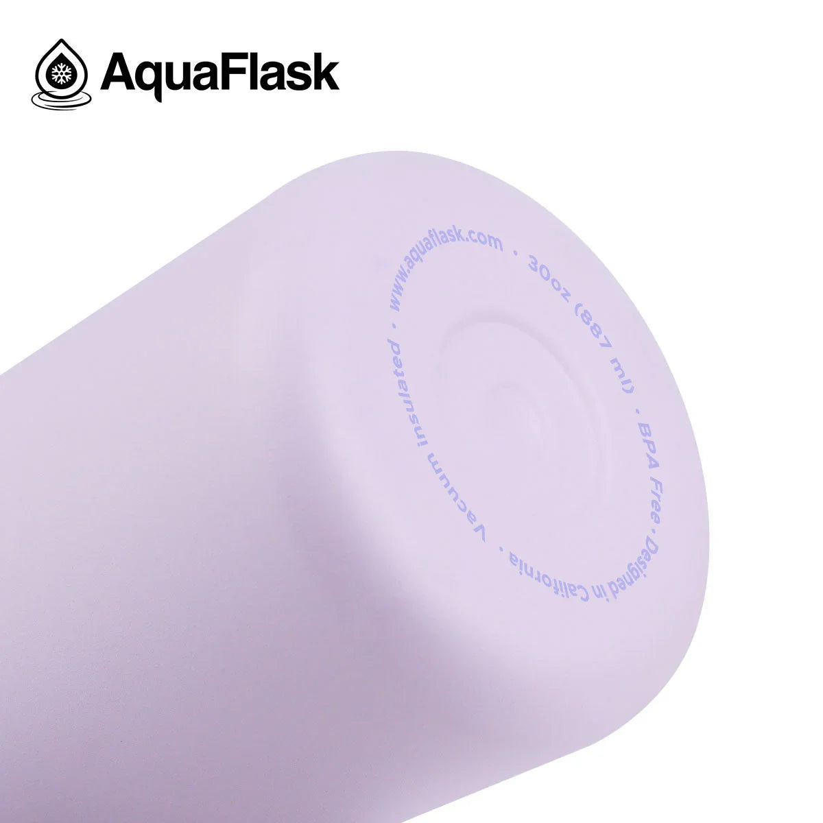 AquaFlask logo with pastel purple insulated water bottle bottom showing product text