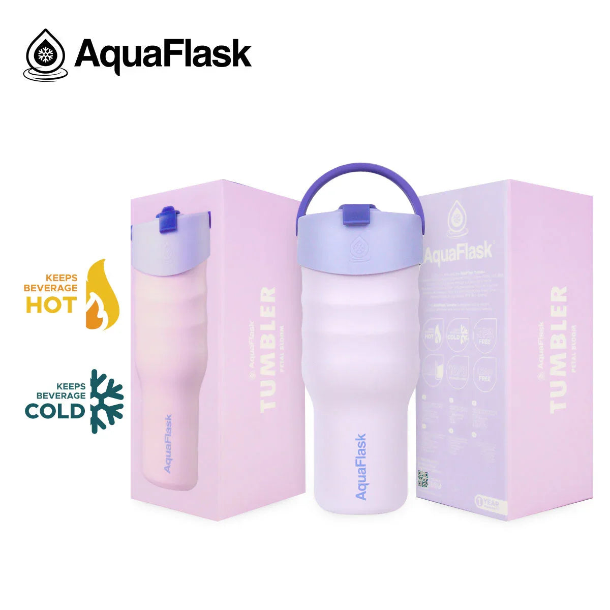 AquaFlask Petalbloom 30oz tumbler with purple lid and handle, shown with pastel packaging.