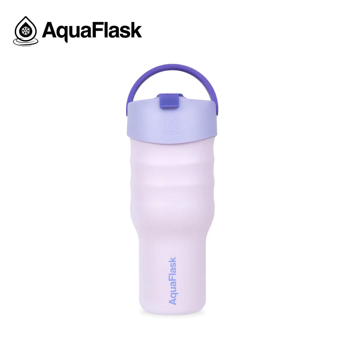 AquaFlask Petalbloom insulated water bottle with lavender handle and lid on white background