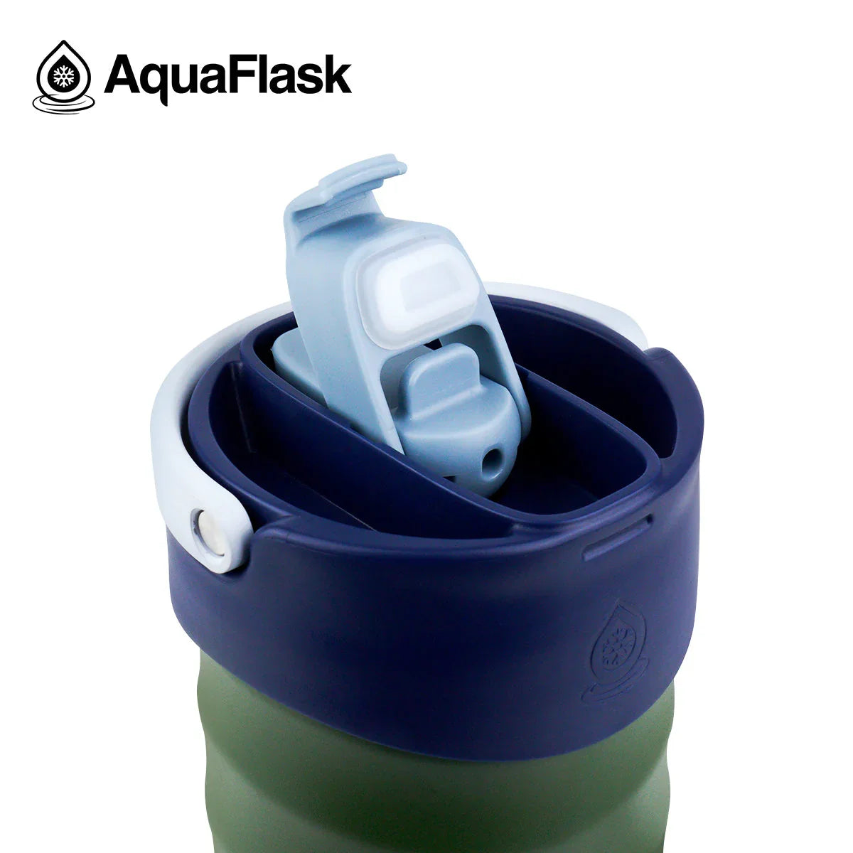 AquaFlask insulated water bottle with blue flip cap, close-up of lid and logo