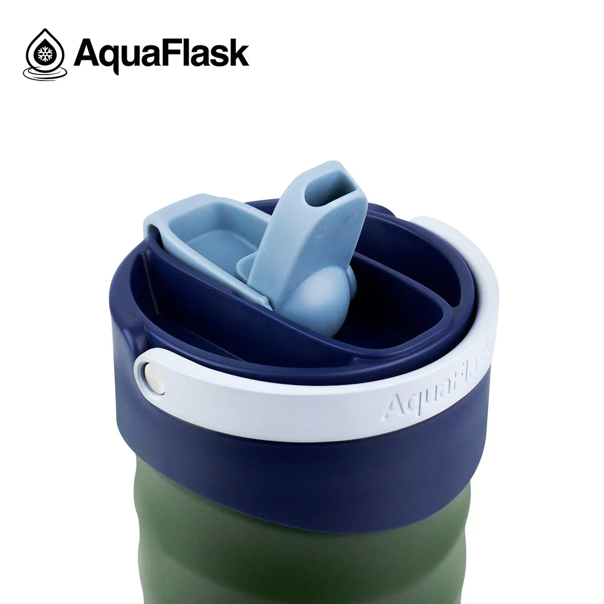 AquaFlask insulated tumbler with blue lid and flip-top straw on white background