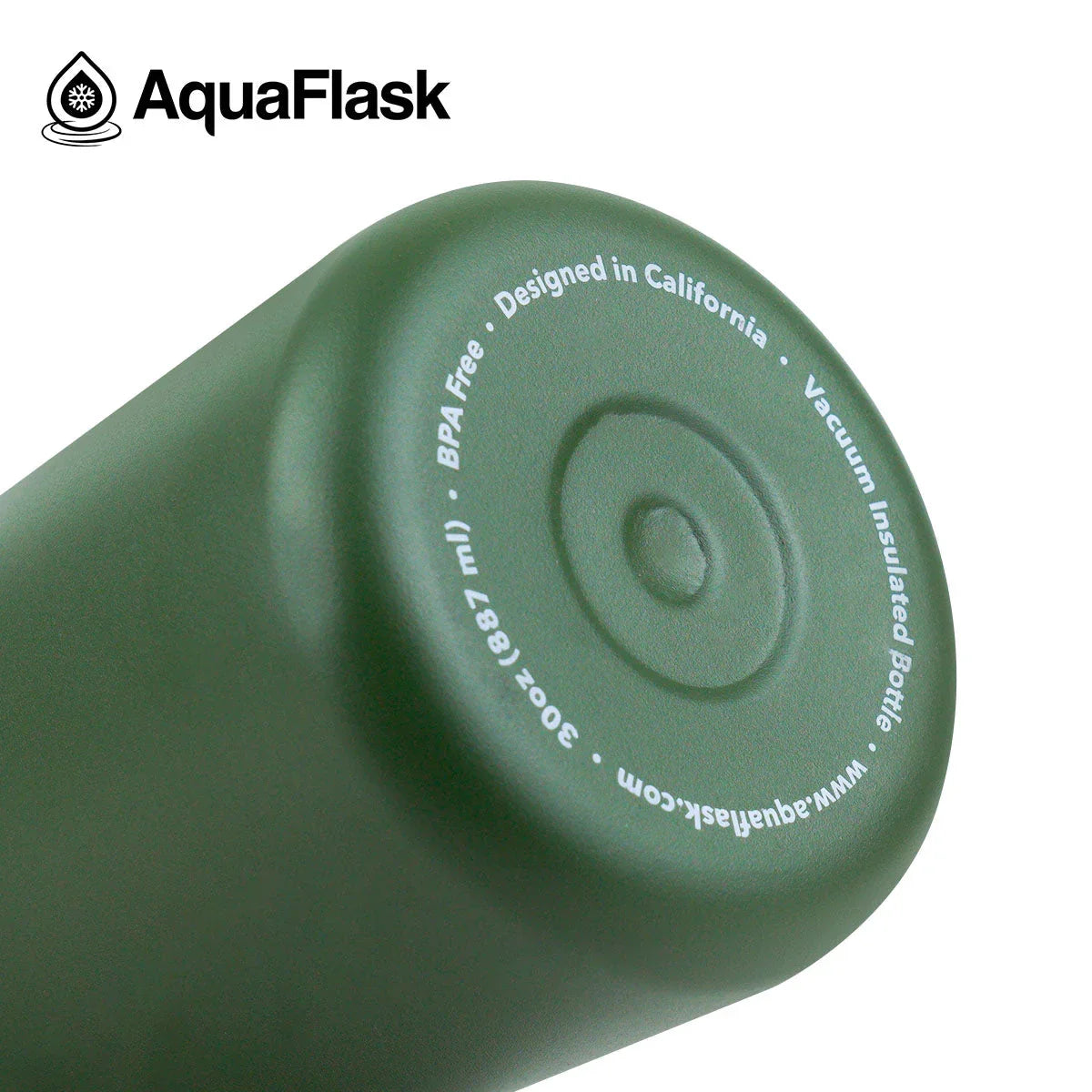 Green AquaFlask vacuum insulated water bottle with logo and BPA free label