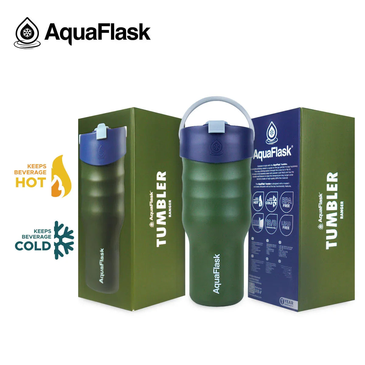 AquaFlask Ranger 30oz green tumbler with handle and packaging, BPA-free, hot cold drinks