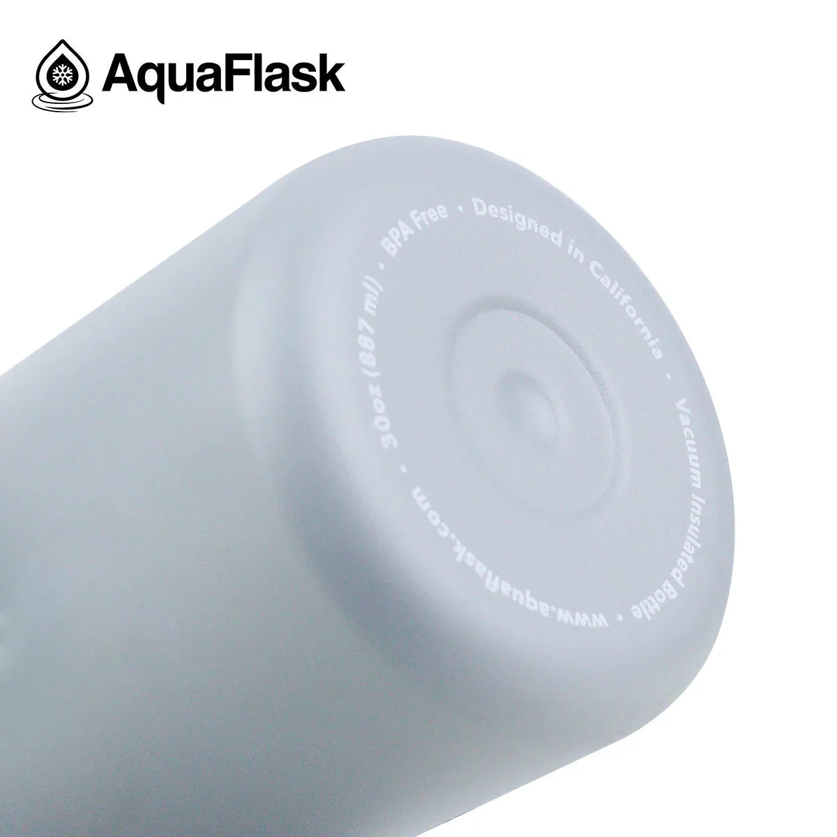 AquaFlask Arctic Frost gray vacuum insulated bottle bottom with logo and BPA free text