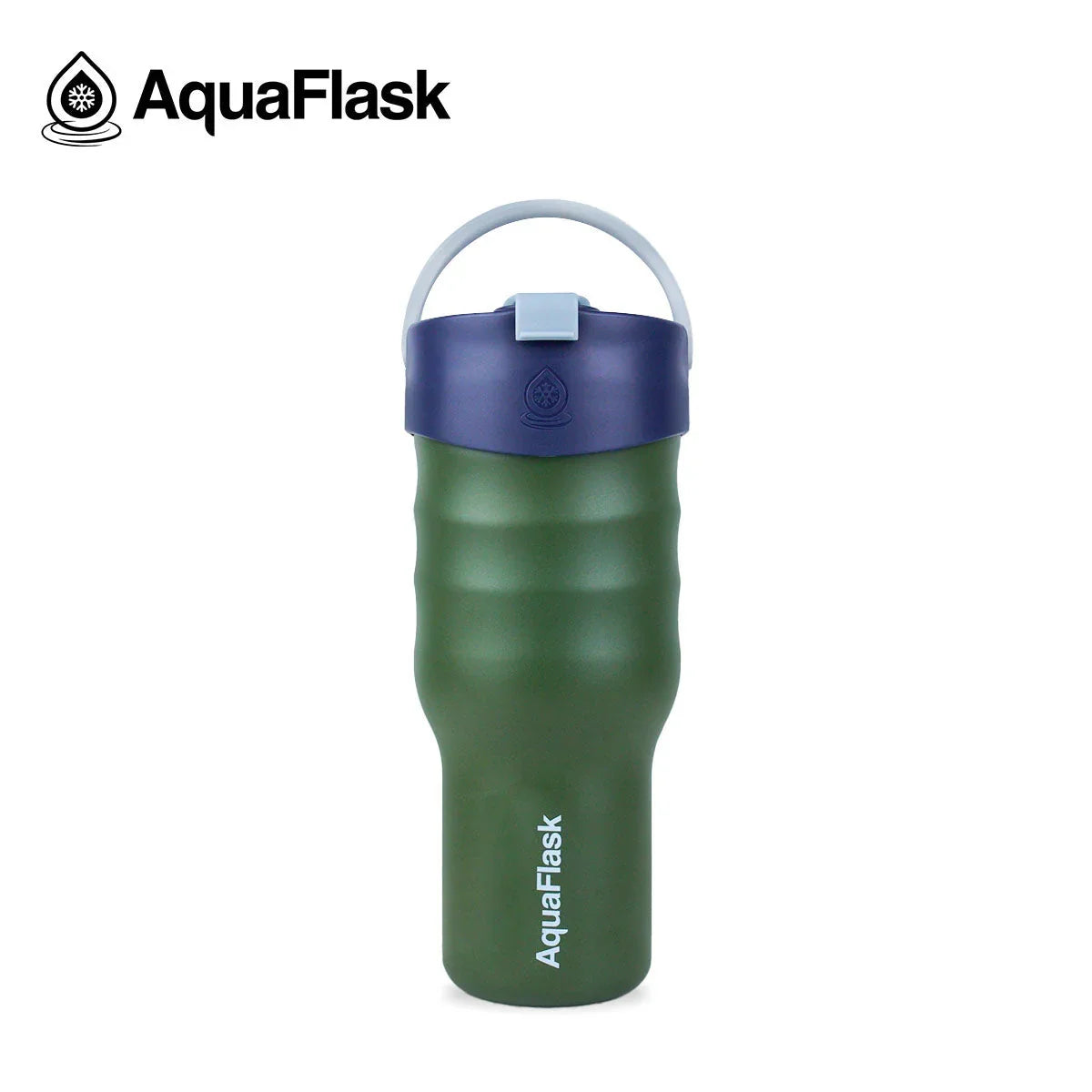AquaFlask green water bottle with blue cap and handle on white background