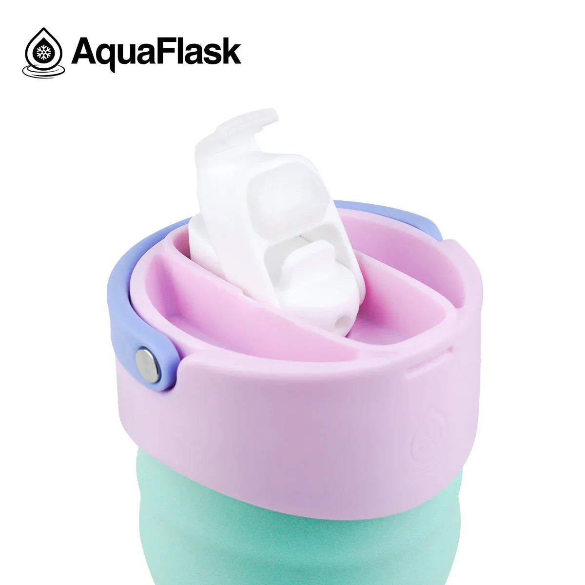 AquaFlask pastel tumbler with lavender lid and white flip spout on white background