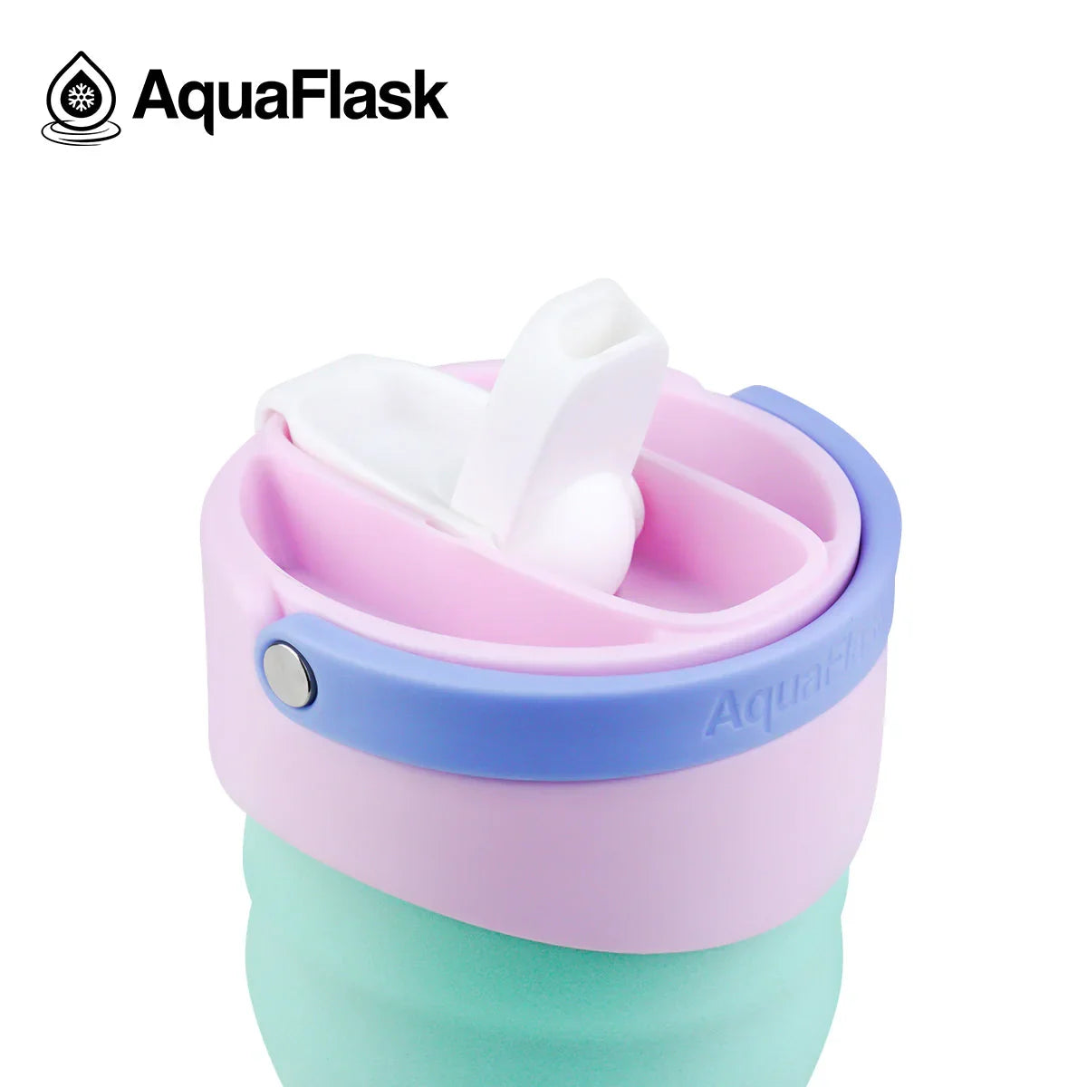 AquaFlask pastel tumbler lid with white spout, pink, purple, and green color accents.