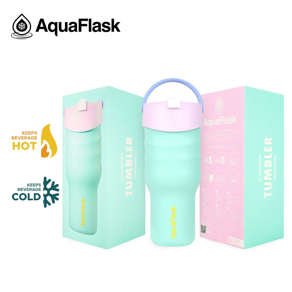 AquaFlask 30oz pastel tumbler with handle, mint and lavender, in box, keeps drinks hot or cold