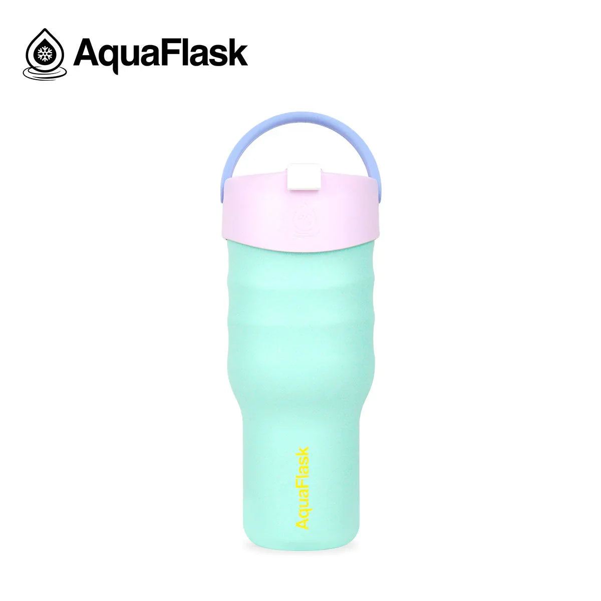 AquaFlask mint green tumbler with purple lid and handle, insulated travel bottle