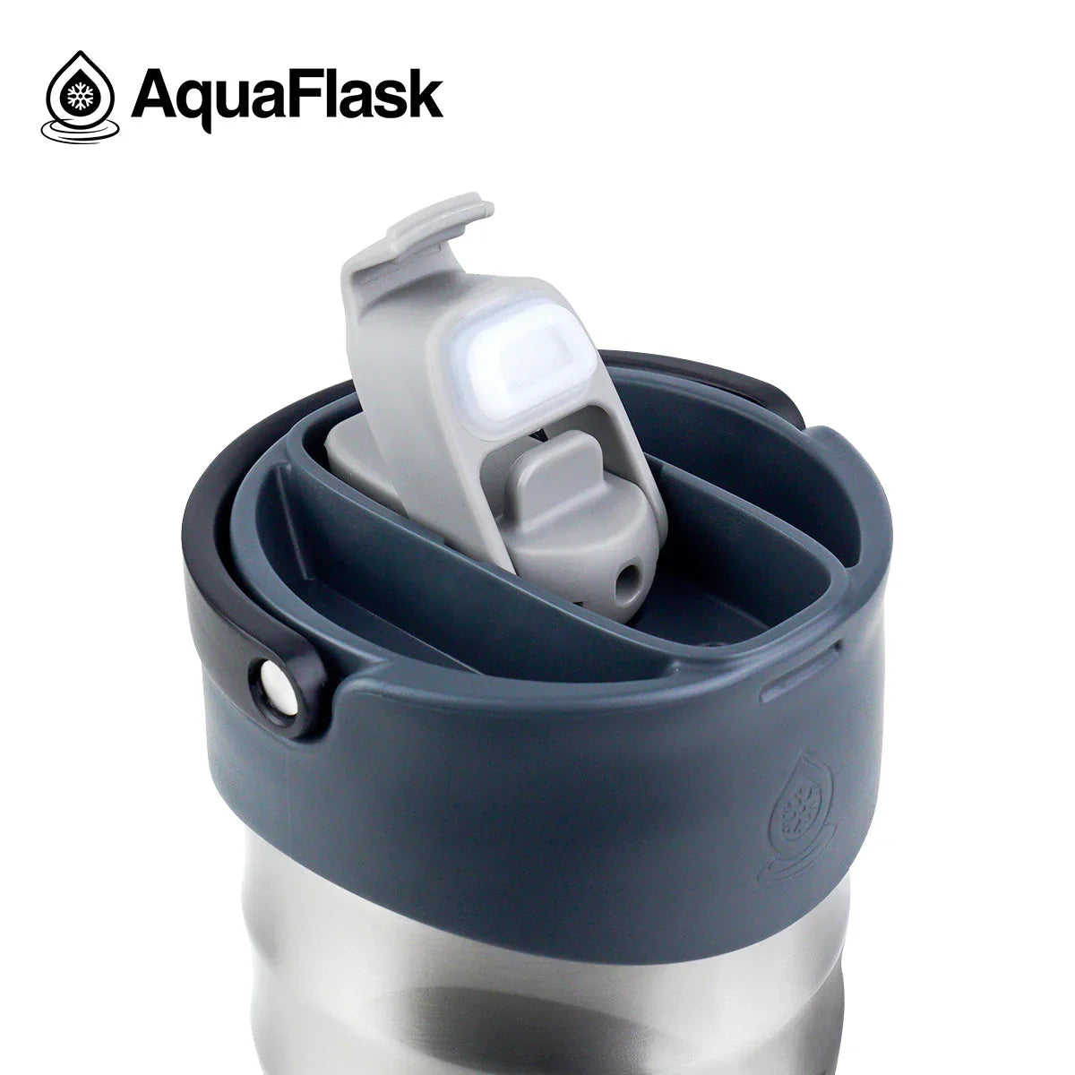 AquaFlask stainless steel water bottle with grey flip-top lid, close-up view.