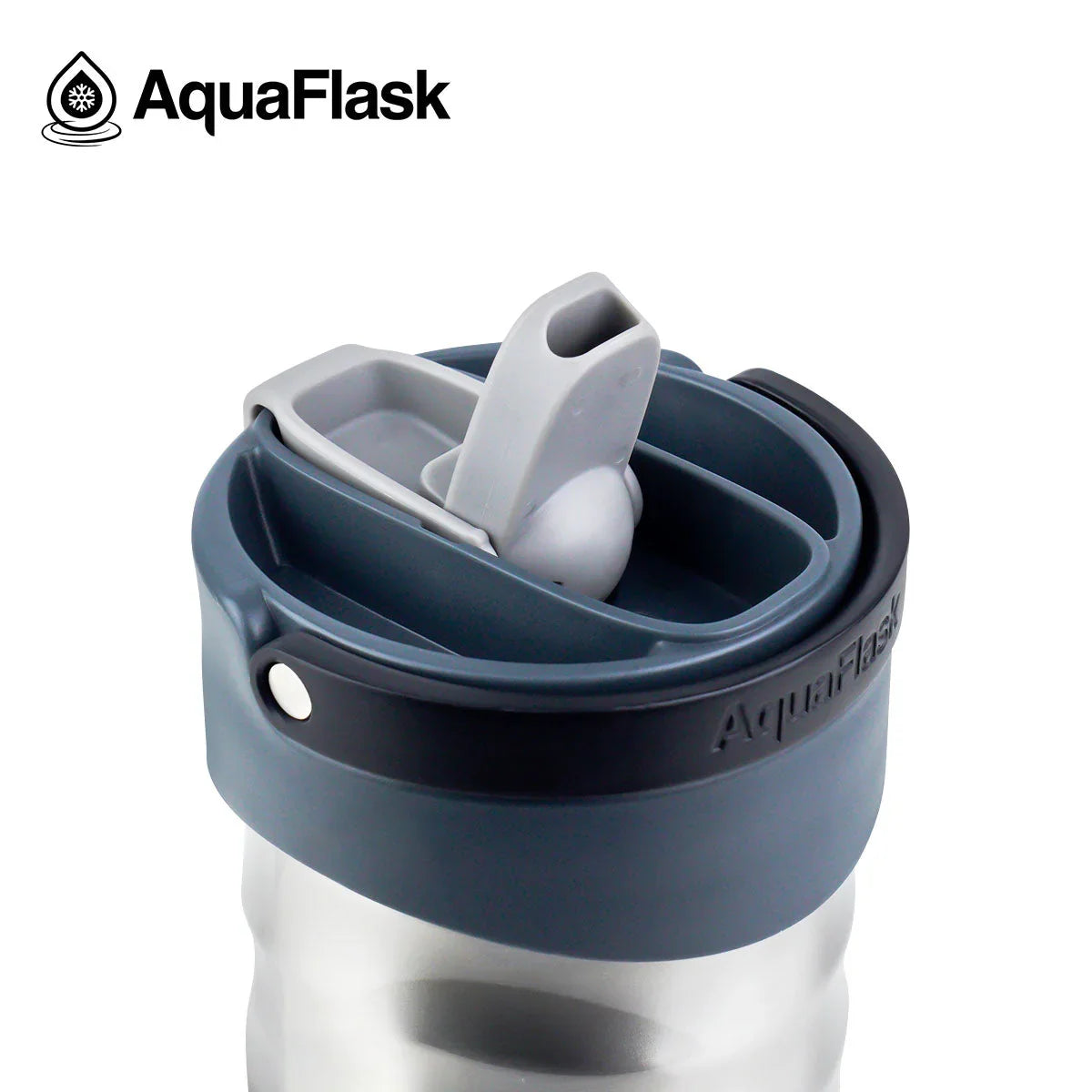 AquaFlask stainless steel water bottle with dark blue lid and flip-up spout, close-up